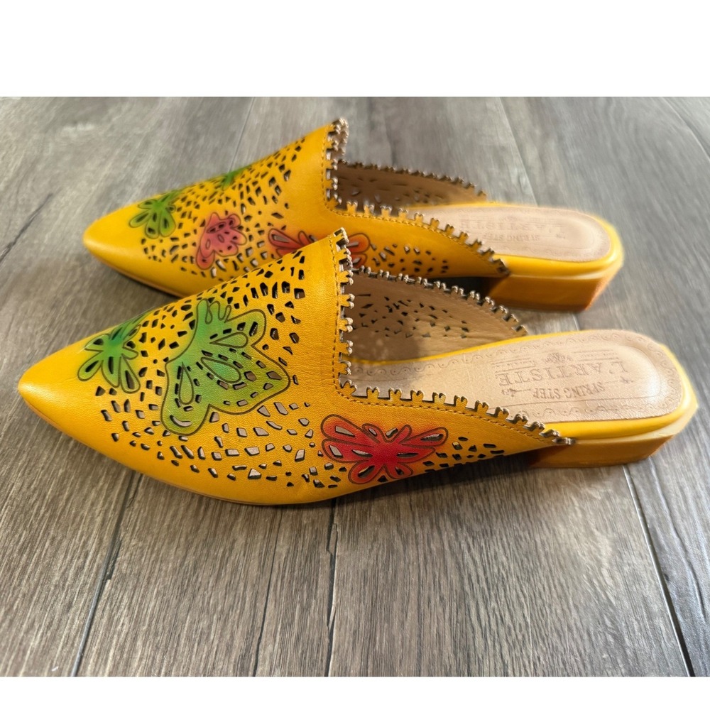 L'Artiste Spring Step Yellow Leather Butterfly Laser Cut Mules Shoes Womens 37 - Picture 1 of 7